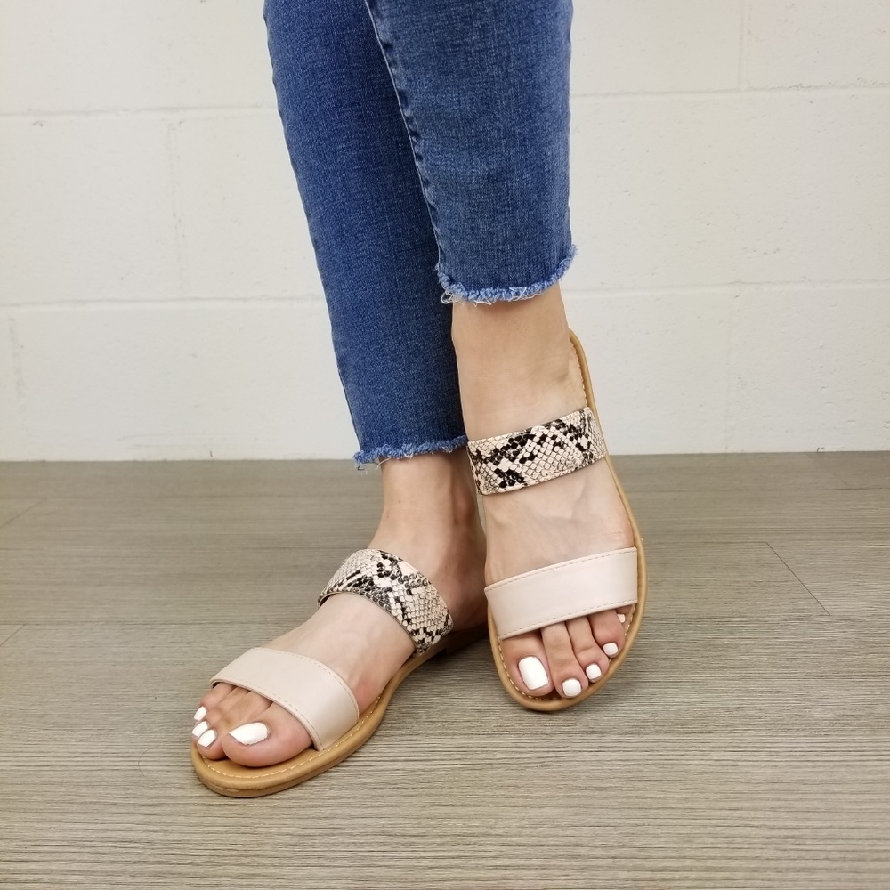Nude Python Snake Print two Strap Flat Sandal - Picture 2 of 8